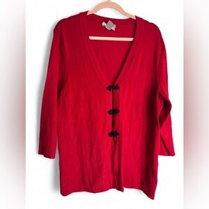TanJay Womens Cardigan Sweater Red Black Applique Rose Knot Button Size Large